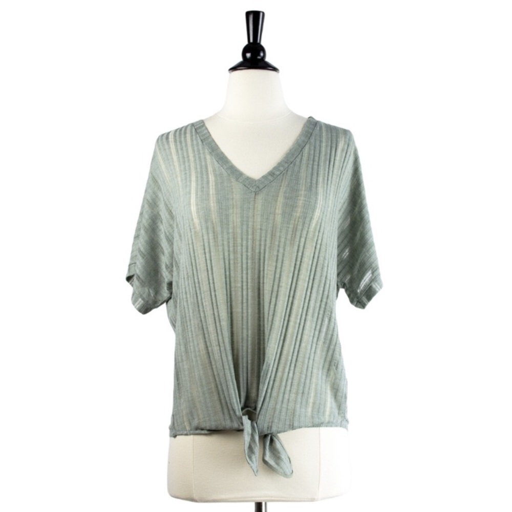 Sage Green Open Knit Short Sleeve Tie Front Top